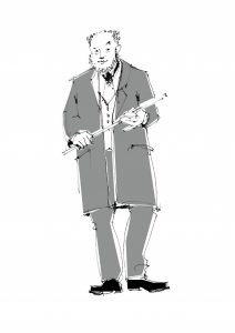 Eine Zeichnung, die Emil Lang mit einem Rohrstock in der Hand zeigt. Er trägt einen langen Mantel, unter dem man eine Krawatte und eine Weste erkennen kann. Emil Lang blickt fragend und erwartungsvoll, als ob er seinen Schülern gerade eine Frage gestellt hätte und jetzt auf eine Antwort wartet.