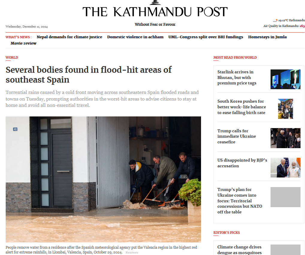 Ein Screenshot eines Artikels der Kathmandu-post zu den Überflutungen in Spanien.