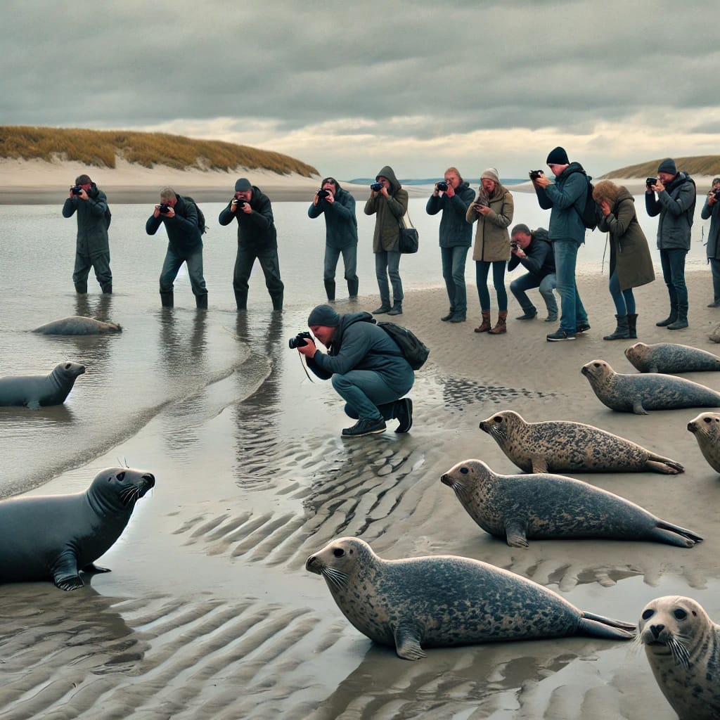 Touristen stehen mit Kameras auf der Sandbank und machen Fotos von den Seehunden. Bild ist KI-generiert von Chat GPT.