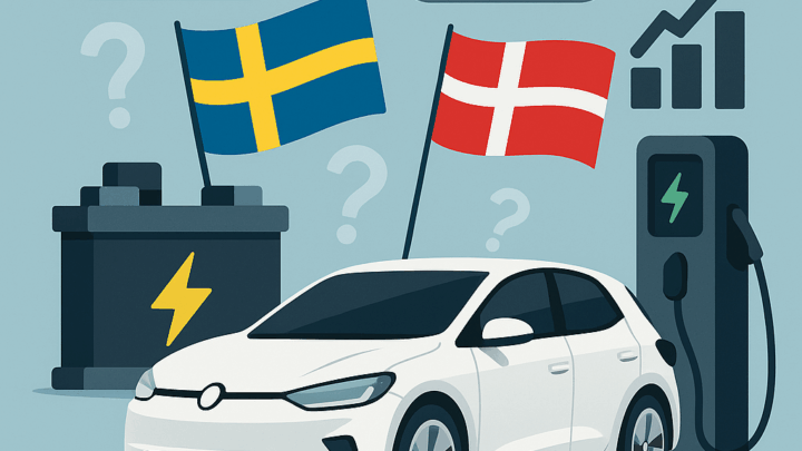 ein weißes Auto mit einer Elektro Ladesäule und Schwedischer und Dänischer Fahne im Hintergrund