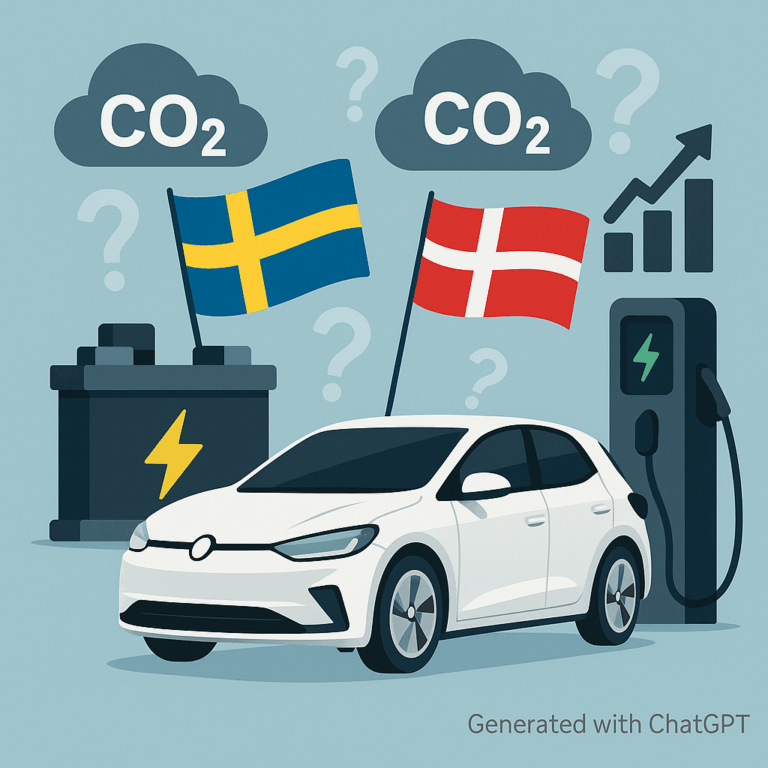 ein weißes Auto mit einer Elektro Ladesäule und Schwedischer und Dänischer Fahne im Hintergrund
