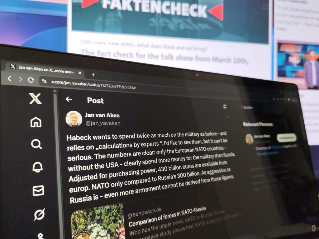 Screenshot eines X-Posts von Jan van Aken (Die Linke), in dem es um Verteidigungsausgaben geht.