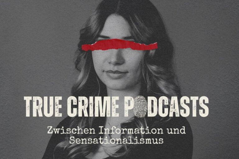 Covermotiv des im Text beschriebenen Podcasts. Zeigt ein Schwarz-Weiß-Porträt der Autorin mit einem roten Balken vor den Augen. Davor der Schriftzug "True Crime Podcasts. Zwischen Information und Sensationalismus. Eine Bachelorarbeit an der Jade Hochschule