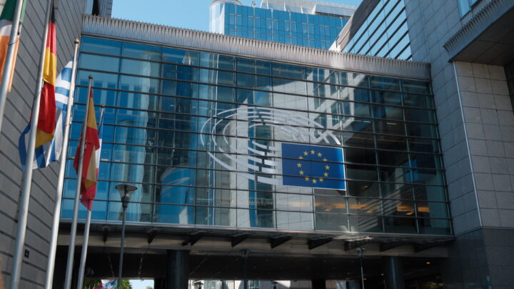 Foto des Europäischen Parlaments in Brüssel. Links vom Bild sind Flaggen zu sehen. FotoI EPRS-Briefing “European Parliament: Facts and figures“, erstellt von Lucille Killmayer, Europäisches Parlament, Brüssel 2024.