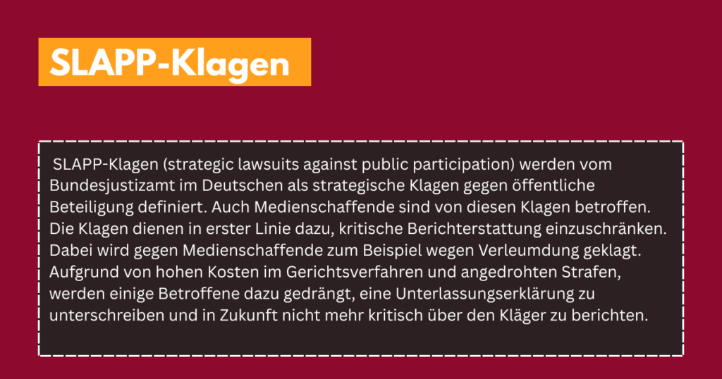 Infografik zu SLAPP- Klagen in rot/orange/schwarz